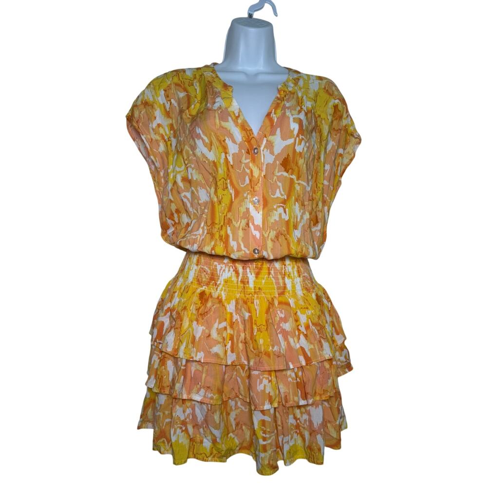TART Kallie Ruffle Mini Dress Sunset Cloud Yellow Orange MEDIUM Tiered Skirt